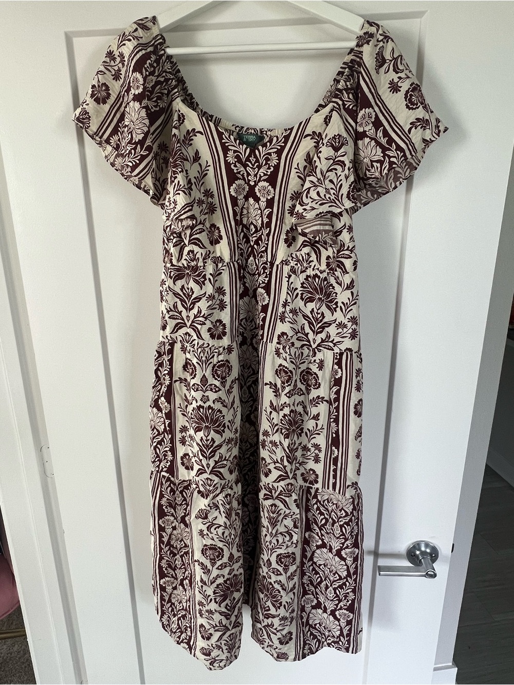Terra & Sky Cream and Burgundy Floral Midi Dress